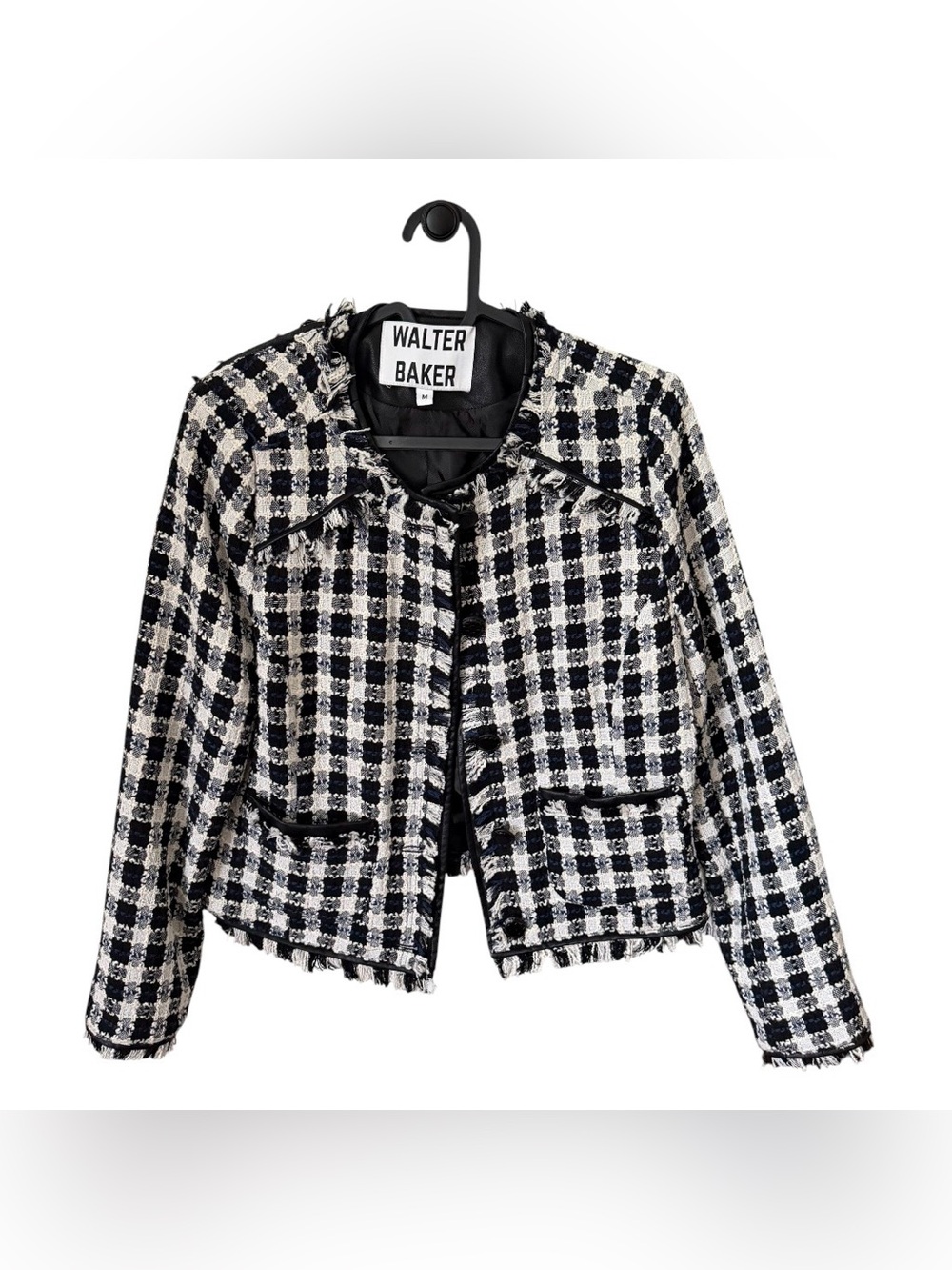 Walter Baker Plaid Tweed Fringe Jacket with Faux Leather Trim - Size M